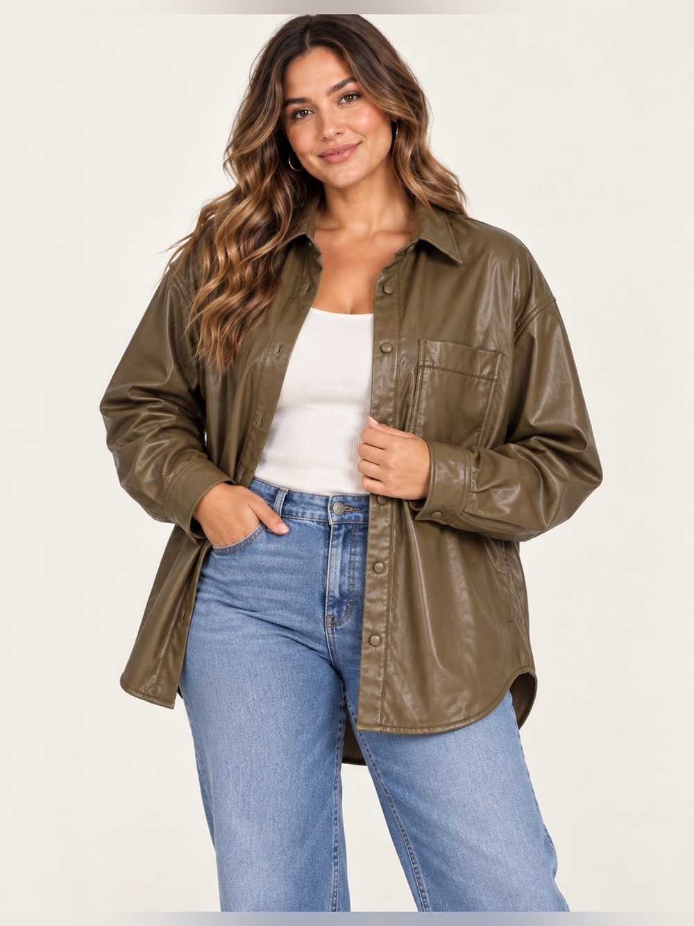 Vegan Leather Button-Up Shirt Jacket - Army